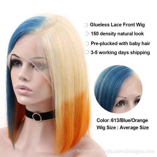 Blue/Orange/613 Blonde Lace Front Wig Ombre Straight Lace Front Wig Bob 13x4 Brazilian Short Human Hair Wigs Pre Plucked Remy